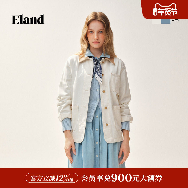 【100%棉】Eland衣恋短外套女时尚撞色领大口袋上衣2026春夏新款