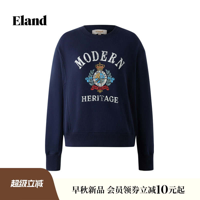 Eland衣恋卫衣女学院风字母印花圆领长袖棉质上衣2026秋冬新款