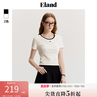 上衣2024夏季 新款 Eland衣恋简约撞色圆领短袖 T恤女通勤休闲修身