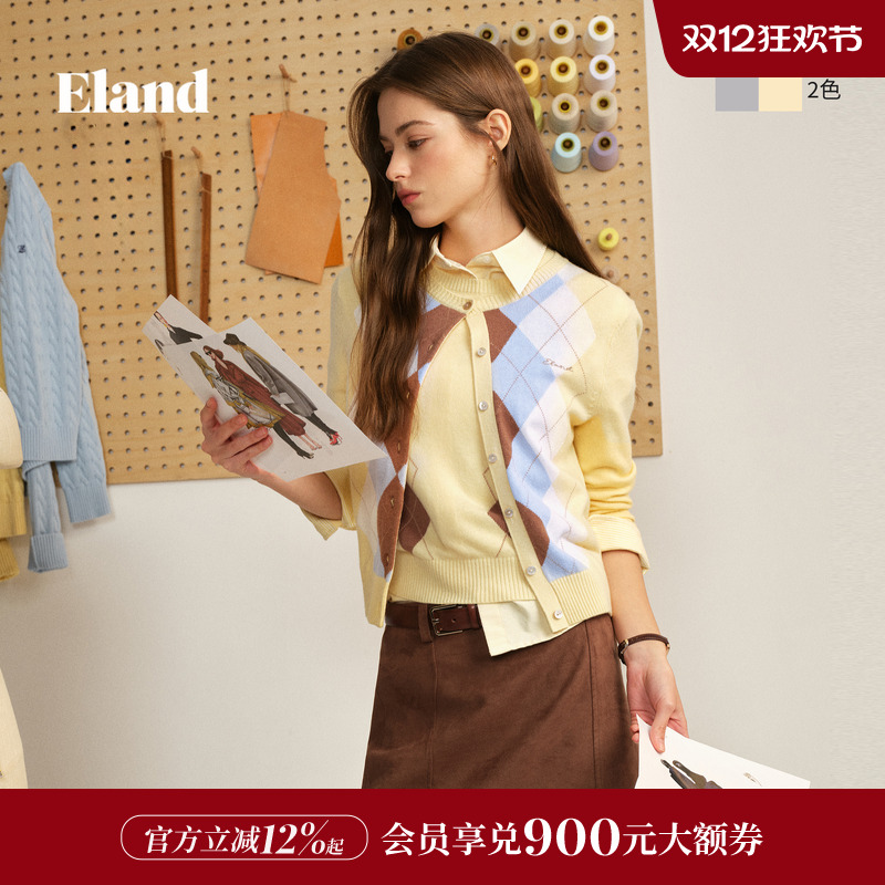 ELAND撞色菱格格纹毛衣