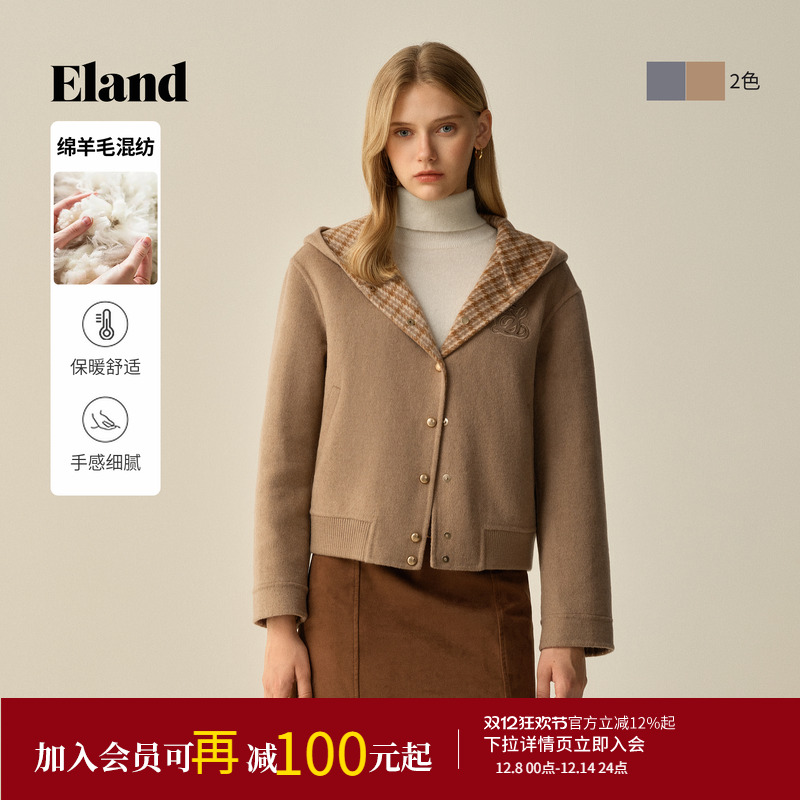 ELAND毛呢外套短款连帽上衣