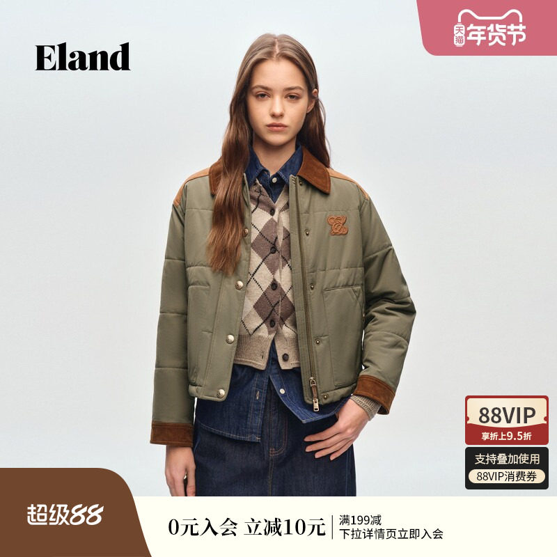 Eland衣恋棉衣女翻领长袖大口袋通勤棉服外套2026春季新款