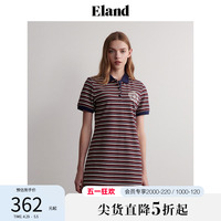 Eland衣恋连衣裙新品学院风polo领菠萝提花彩条裙子女夏季