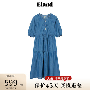 新款 Eland衣恋度假连衣裙垂坠凉感牛仔裙2024夏季 天丝莱赛尔