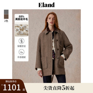 68%绵羊毛 Eland衣恋毛呢外套女通勤系带显瘦保暖大衣冬款