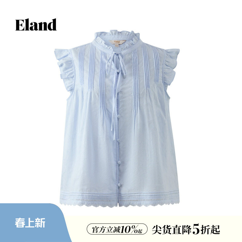 Eland衣恋衬衫女甜美荷叶边领系带无袖上衣衬衣2026春夏新款