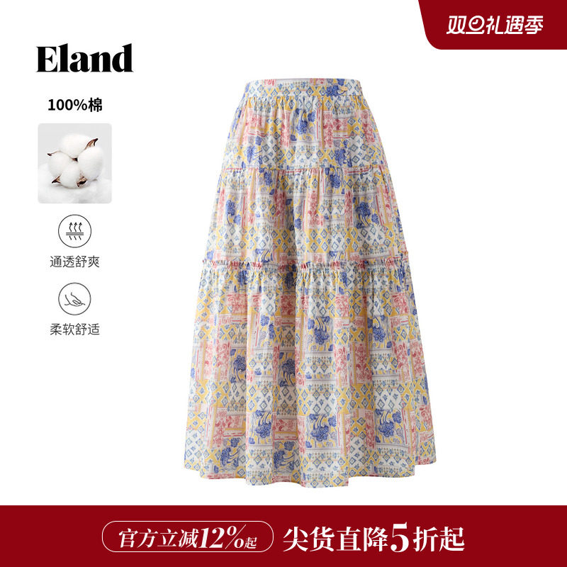 【彩陶裙】Eland衣恋半身裙女彩色收腰印花裙百褶裙2025冬季