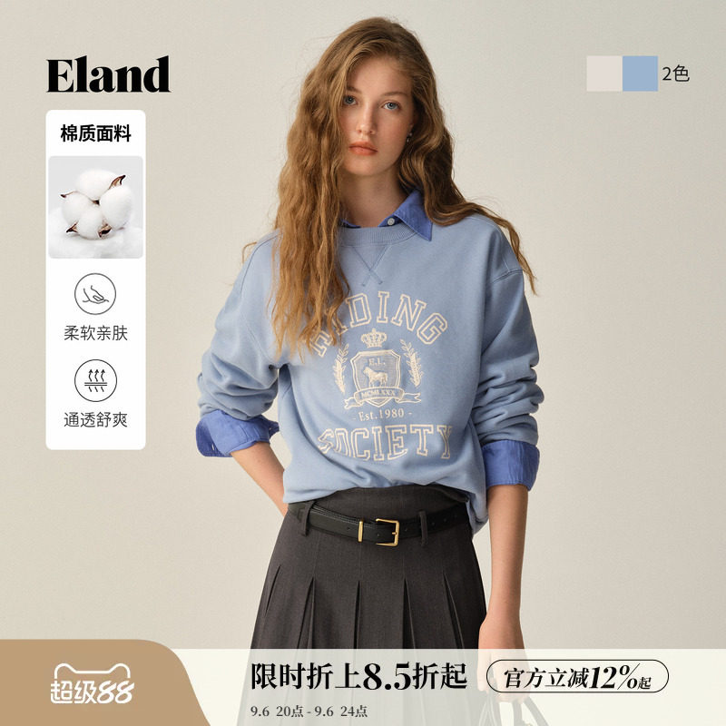 Eland衣恋卫衣女宽松圆领运动休闲套头衫冬季新款