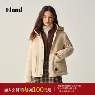 新款 Eland衣恋棉服女时尚 通勤单排扣连帽外套2025冬季
