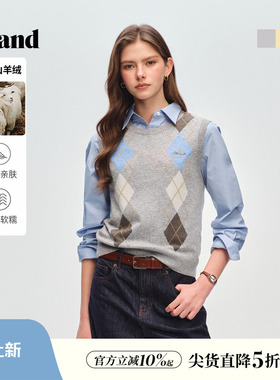 【山羊绒+绵羊毛】Eland衣恋马夹女学院风菱格无袖针织2026春新款