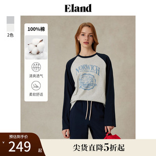 新款 100%棉 Eland衣恋T恤女圆领胸口花朵图案长袖 上衣2025春季