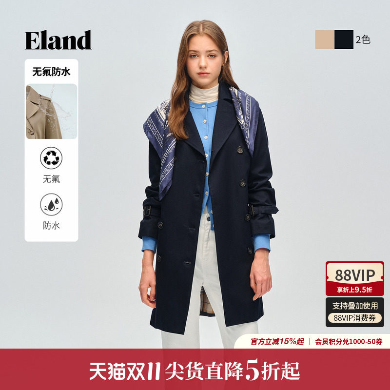 【无氟防水】Eland衣恋风衣女时尚休闲双排扣翻领中长款外套春季