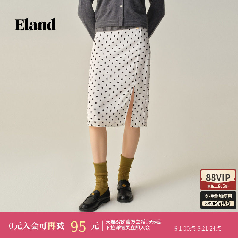 【波点裙】Eland衣恋半身裙女时尚直筒开衩中长裙冬季新款