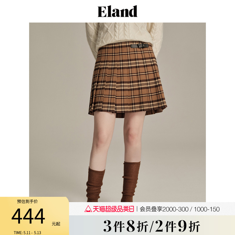 eland半身裙格纹百褶裙学院风