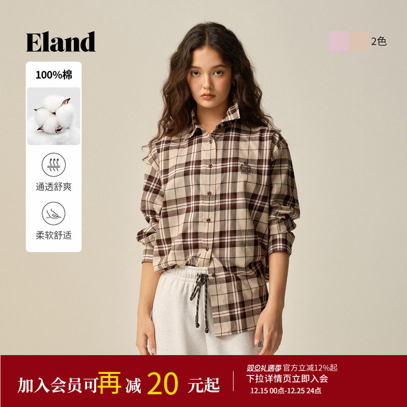 【100%棉】Eland衣恋衬衫女时尚撞色格纹上衣2025冬季新款