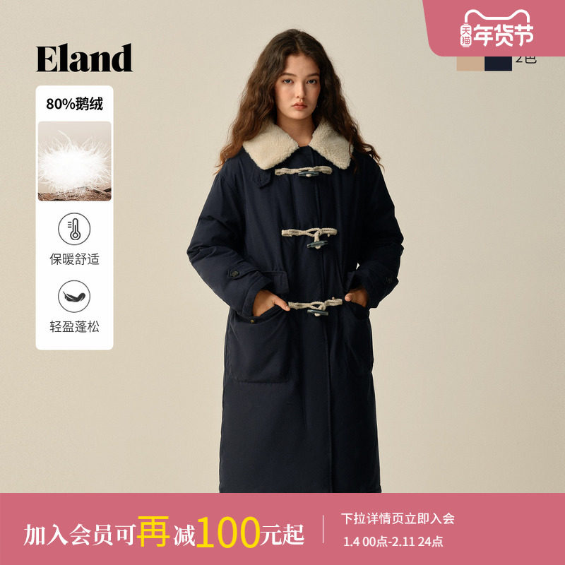 【鹅绒】Eland衣恋羽绒服女直筒微收腰毛领牛角扣外套2025冬新款