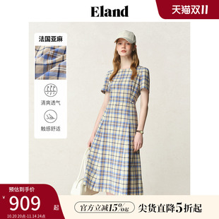 新款 Eland衣恋连衣裙女格纹侧口袋裙子2025夏季 淡人 法国亚麻
