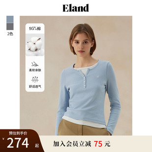 T恤女学院风假两件v领上衣 95%棉 Eland衣恋长袖
