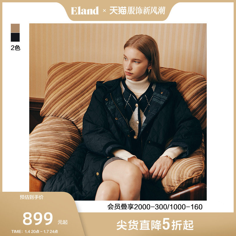 Eland衣恋棉服女经典宽松夹克老钱风美拉德连帽外套女2023冬新款