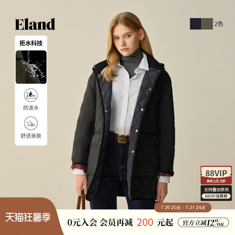 【拒水科技】Eland衣恋棉服女中长款菱格连帽含羊毛外套冬季新款