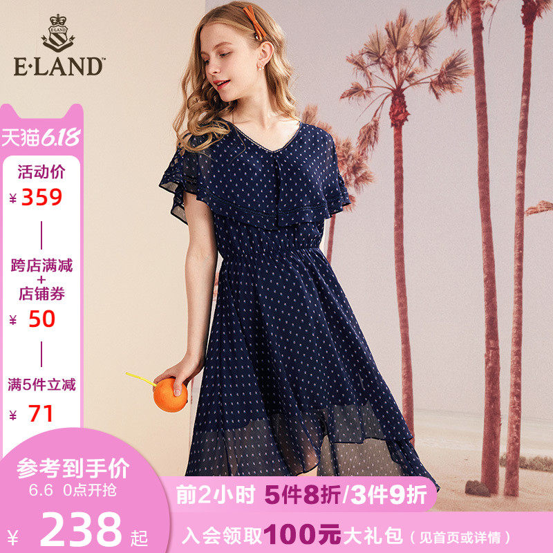 ELAND夏季新款度假V领露肩印花雪纺连衣裙仙女EEOW925W3T