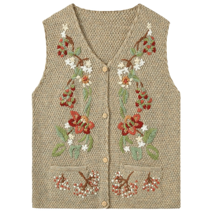 诺比昂 复古外搭女装刺绣宽松复古民族风古着V领百搭马甲马夹背心