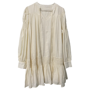 法式复古小个子早春季系带V领米白色气质宽松显瘦长袖连衣裙短裙