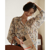 法式 海边沙滩防晒碎花雪纺衬衫 薄款 上衣女小衫 长袖 复古宽松春夏季