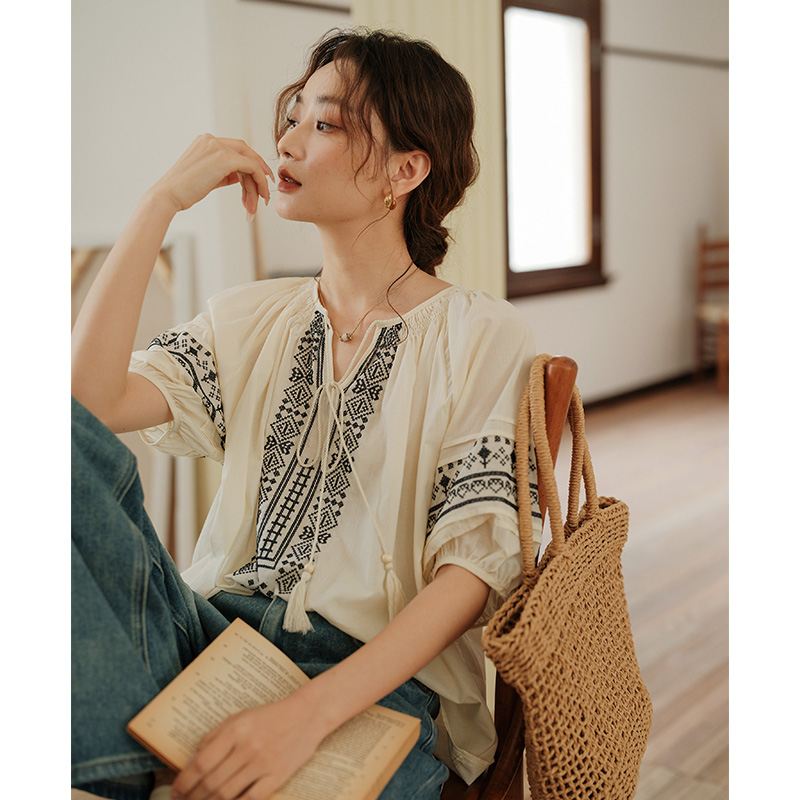 诺比昂宽松波西米亚系带短袖棉