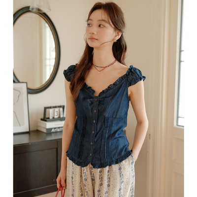 法式木耳边V领天丝亚麻衬衫女
