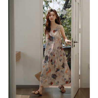 诺比昂法式油画印花背心连衣裙