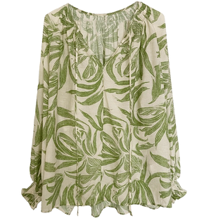 波西米亚碎花宽松长袖衬衫女夏季系带显瘦衬衣度假风小衫防晒上衣