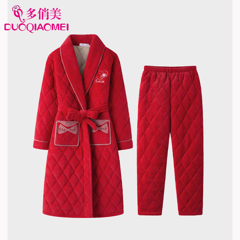 秋冬季珊瑚绒夹棉三层保暖睡衣女