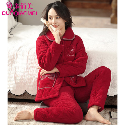 睡衣女秋冬季加厚加绒法兰绒夹棉冬款珊瑚绒红色本命年冬天家居服