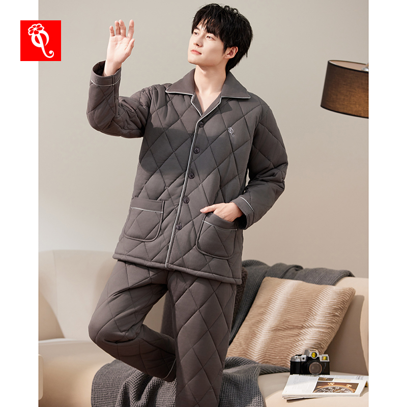 三层加厚夹棉男士睡衣秋冬款2024