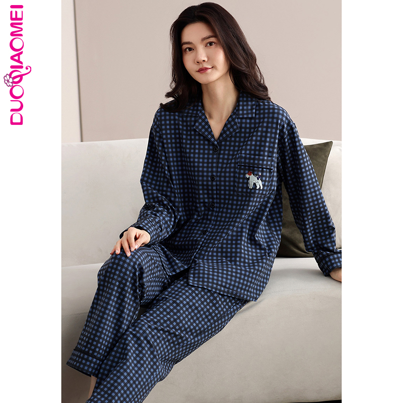 睡衣女春秋季纯棉复古格子长袖