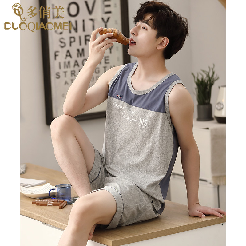 睡衣男士春夏季纯棉背心无袖短裤两件套装宽松大码家居服夏天薄款