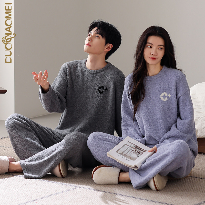 休闲运动半边绒情侣睡衣冬季女款加厚加绒可外穿男士秋冬天家居服