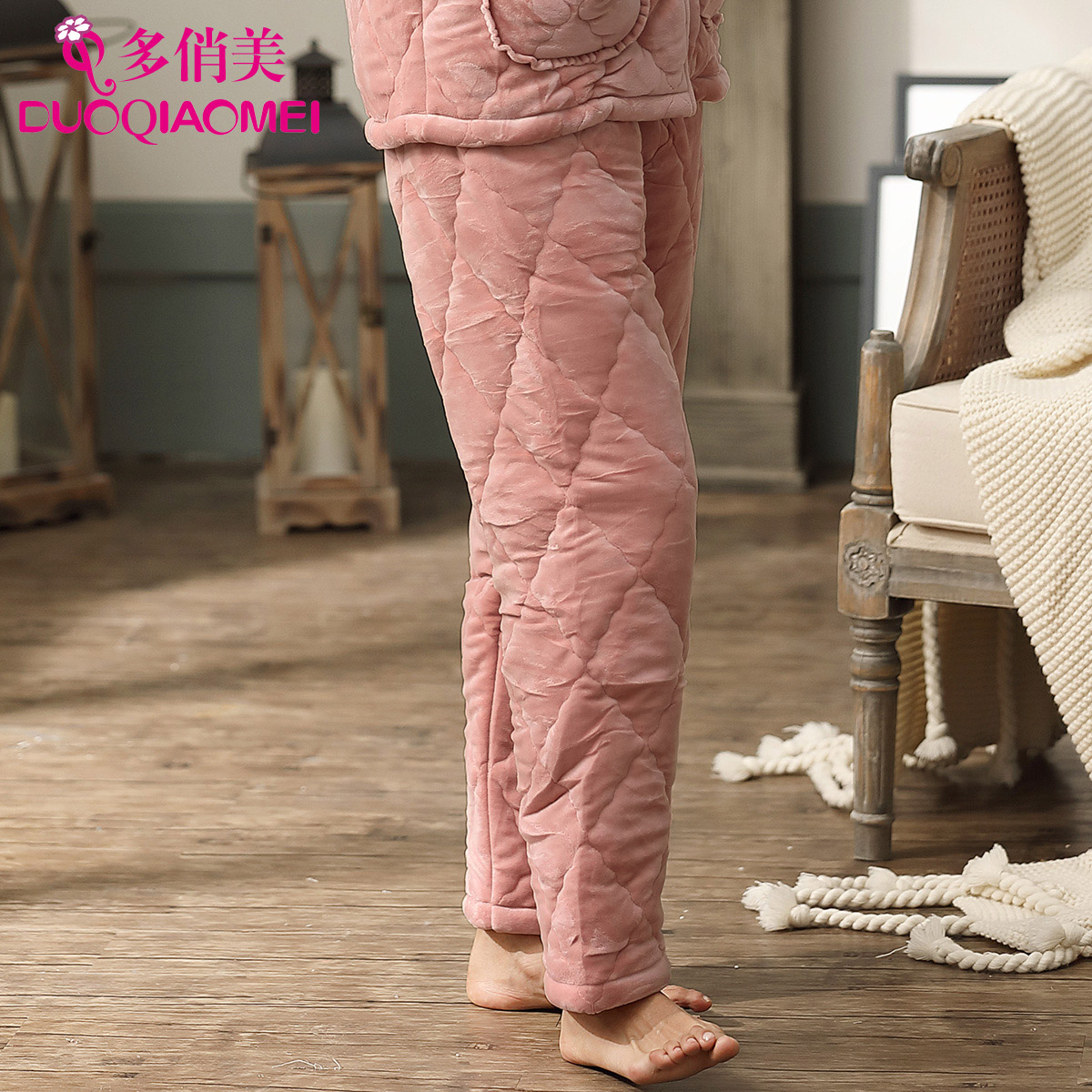 珊瑚绒夹棉棉睡裤女加绒法兰绒