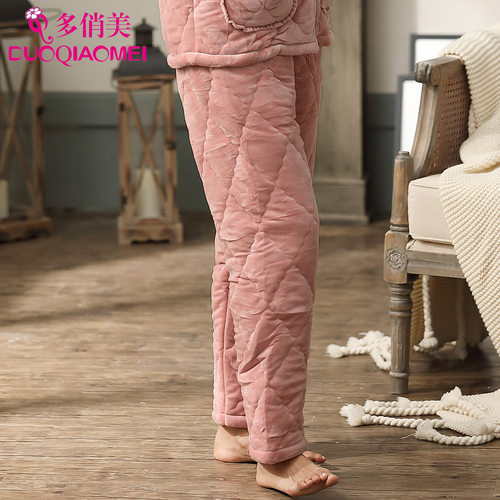 珊瑚绒夹棉棉睡裤女加绒法兰绒