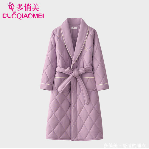 三层纯棉夹棉保暖女睡袍夹棉女