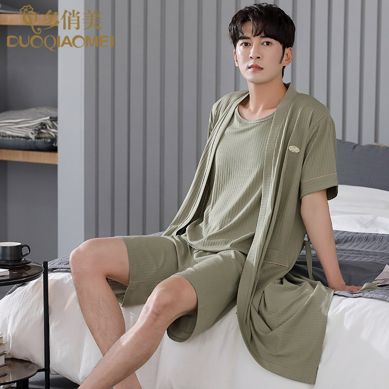 睡衣男夏莫代尔短袖睡袍薄款夏季2024年新款男士背心三件套家居服