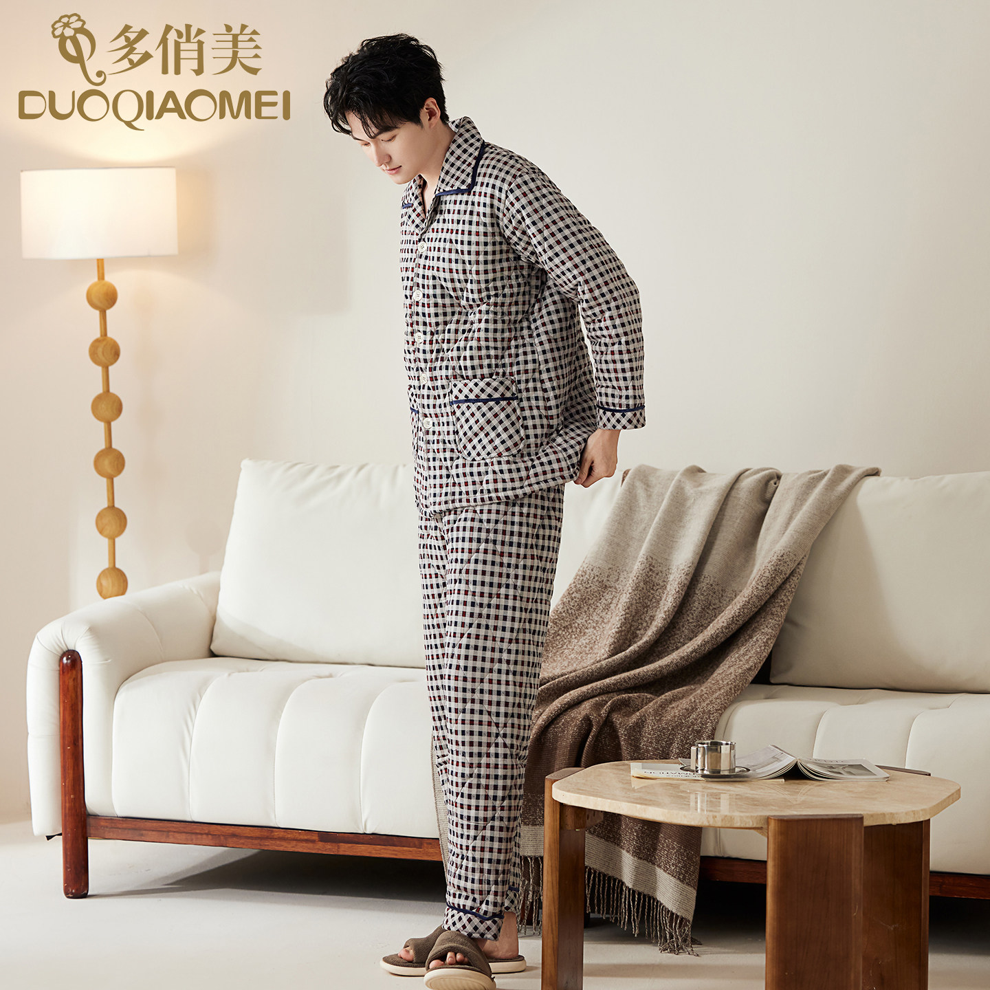 男士三层加厚夹棉纯棉睡衣套装秋冬保暖休闲格子冬季冬天家居服男,女士内衣/男士内衣/家居服,睡衣/家居服套装,淘宝优惠券,粉丝福利购,淘宝优惠卷