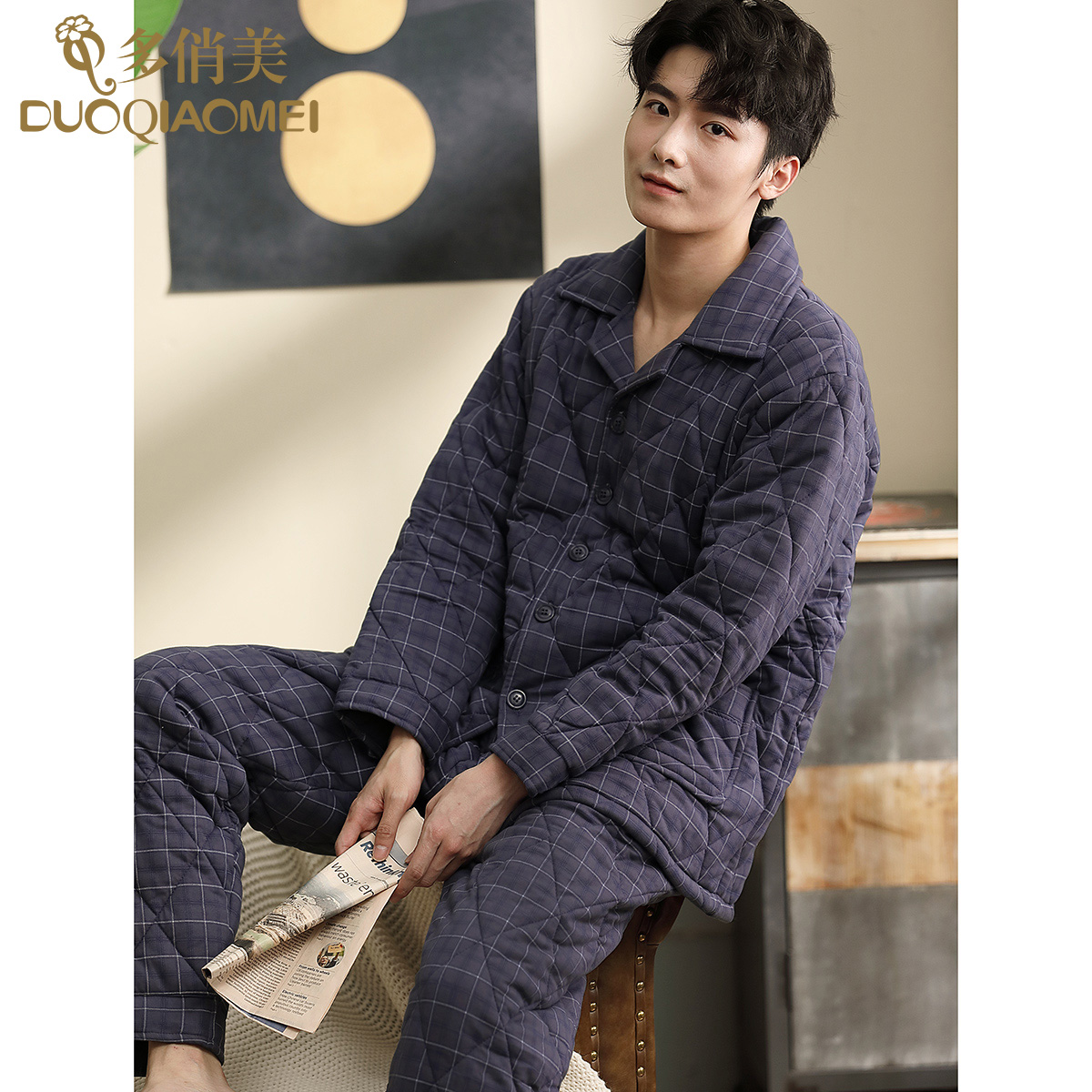 夹棉男士保暖格子冬天睡衣套装