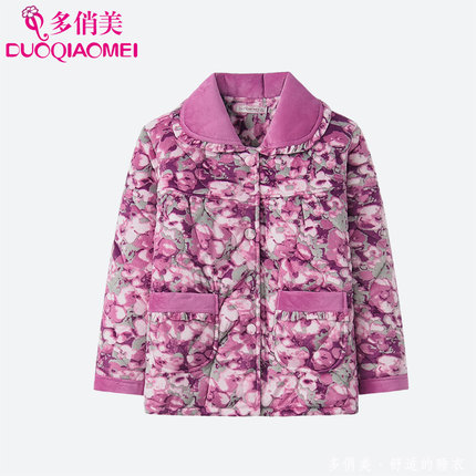 中老年人睡衣冬季加绒加厚上衣单件女法兰绒外套家居服女三层保暖