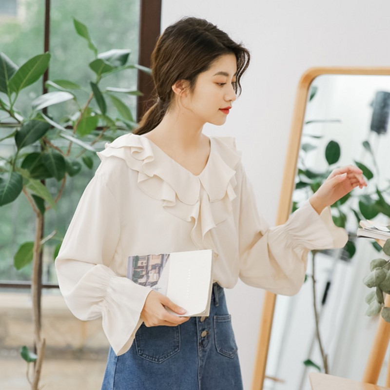 2019春装甜美学院风喇叭袖洋气衬衫满110.00元可用55.02元优惠券