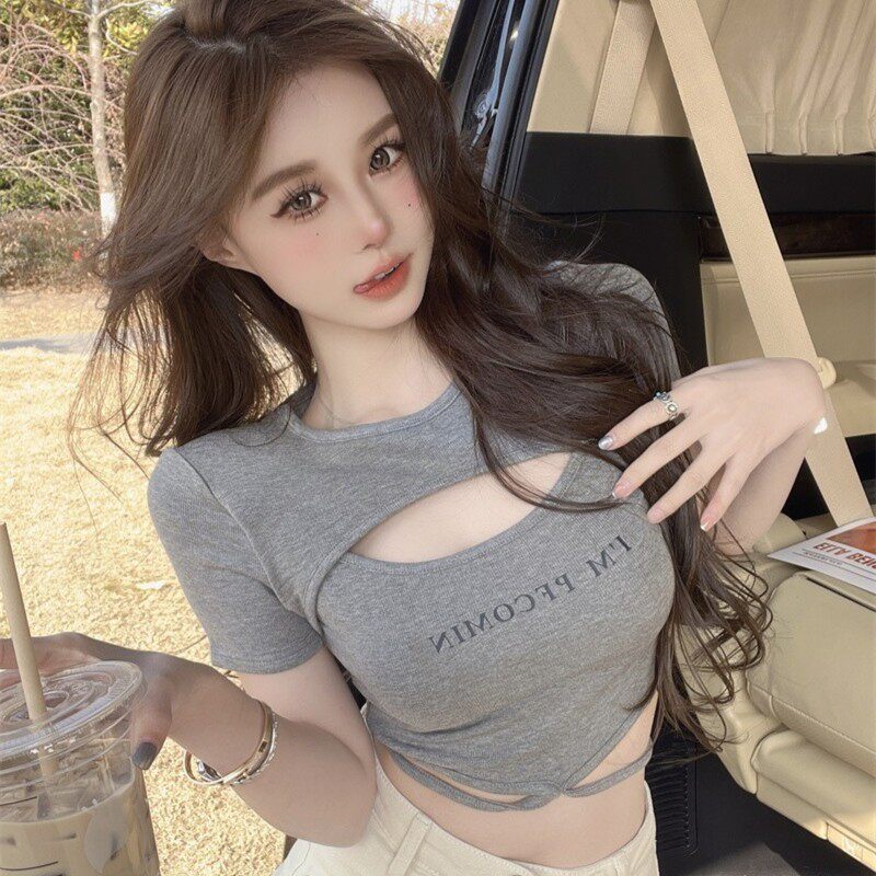辣妹镂空显胸短袖T恤女夏季纯欲高腰紧身设计感小众绑带短款上衣