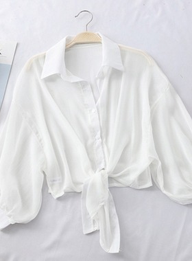 春夏白色薄款防晒雪纺衬衫2025新款女装系带收腰修身显瘦雪纺披肩