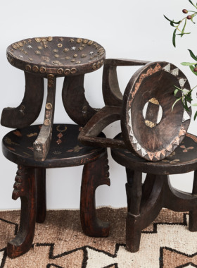 African Antique Stool 非洲埃塞俄比亚古手工木凳矮凳重工镶铜