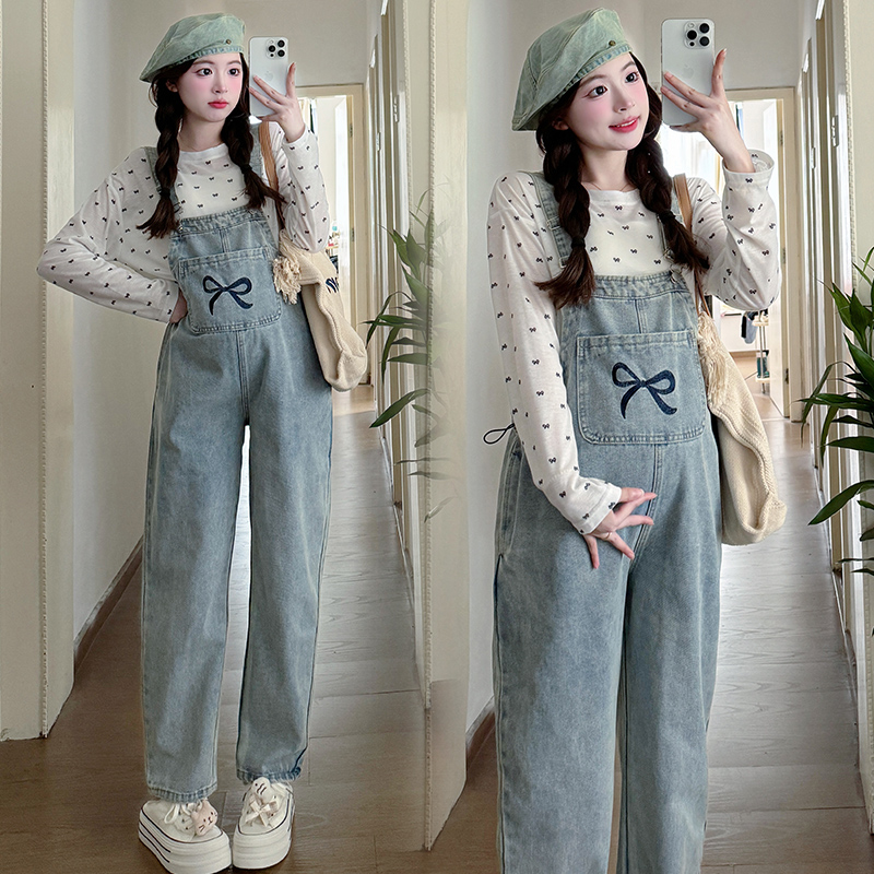 孕妇秋装长袖上衣秋季牛仔背带裤